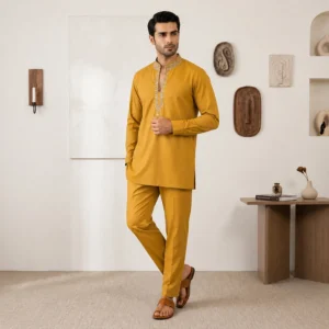 Haldi mustard Zari Salk marriage kurta for men