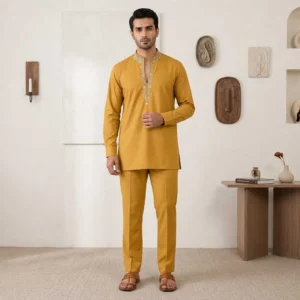 Haldi mustard Zari Salk marriage kurta for men