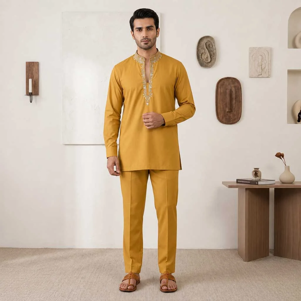 Haldi mustard Zari Salk marriage kurta for men