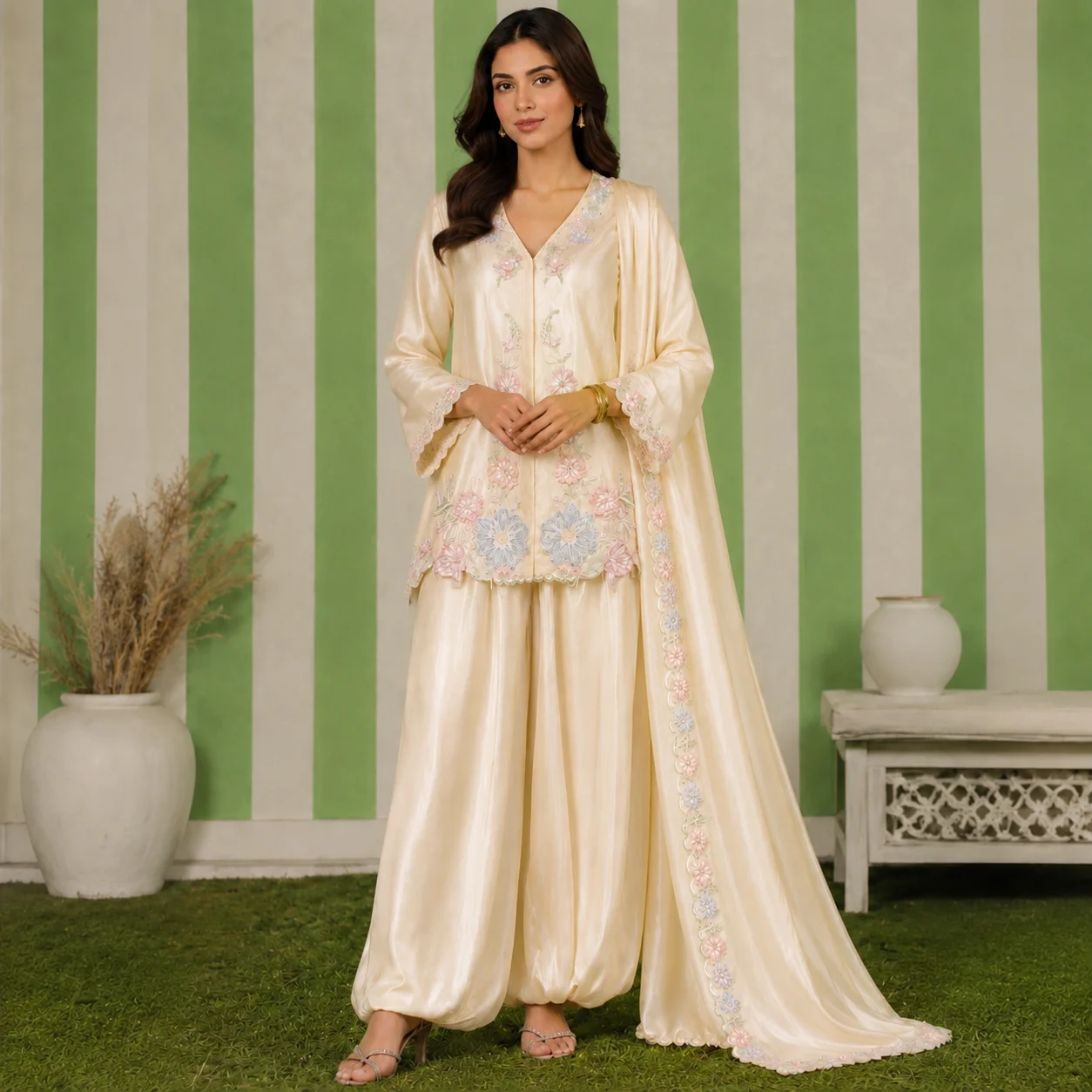 Ivory Embroidered Pakistani Silk Suits