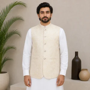 Ivory jamawar Waistcoats For Wedding
