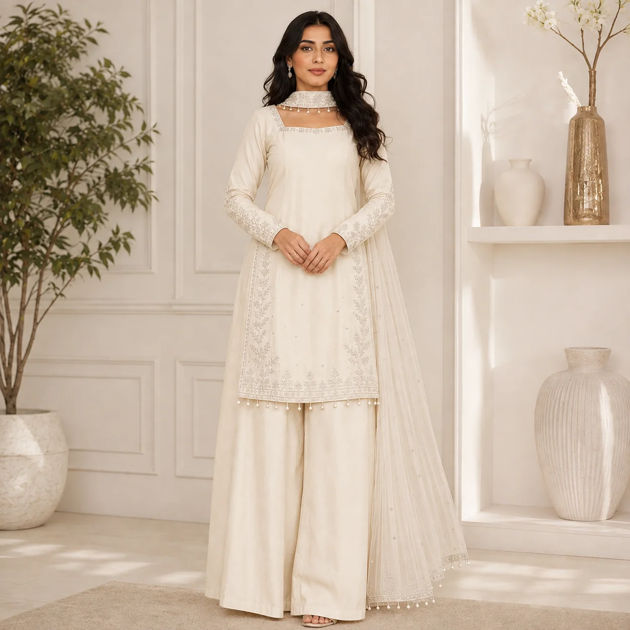 Ivory Silk Hand-Embellished Pakistani Suits