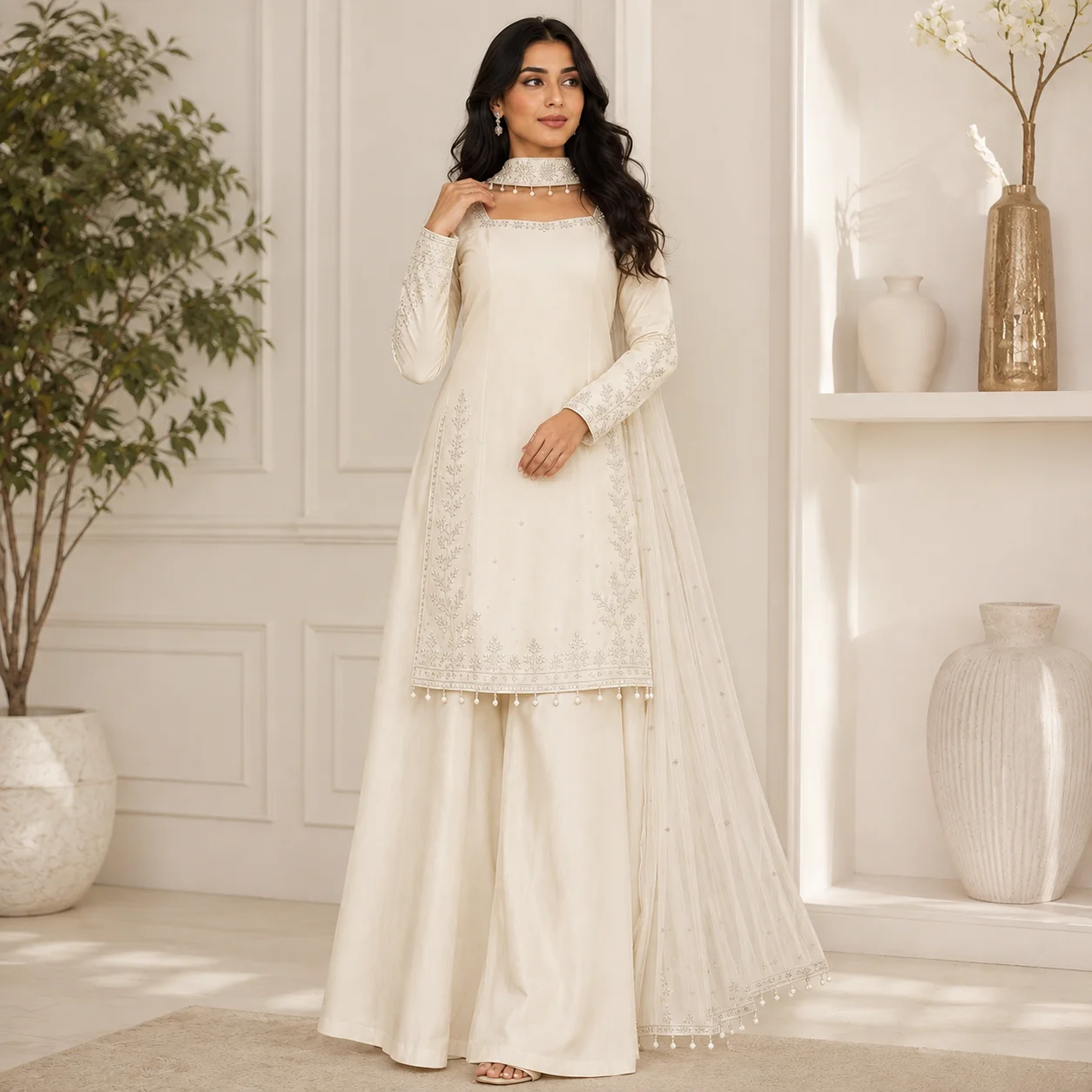 Ivory Silk Hand-Embellished Pakistani Suits