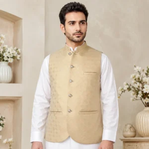 Light Beige Jamawar Men Wedding Waistcoats