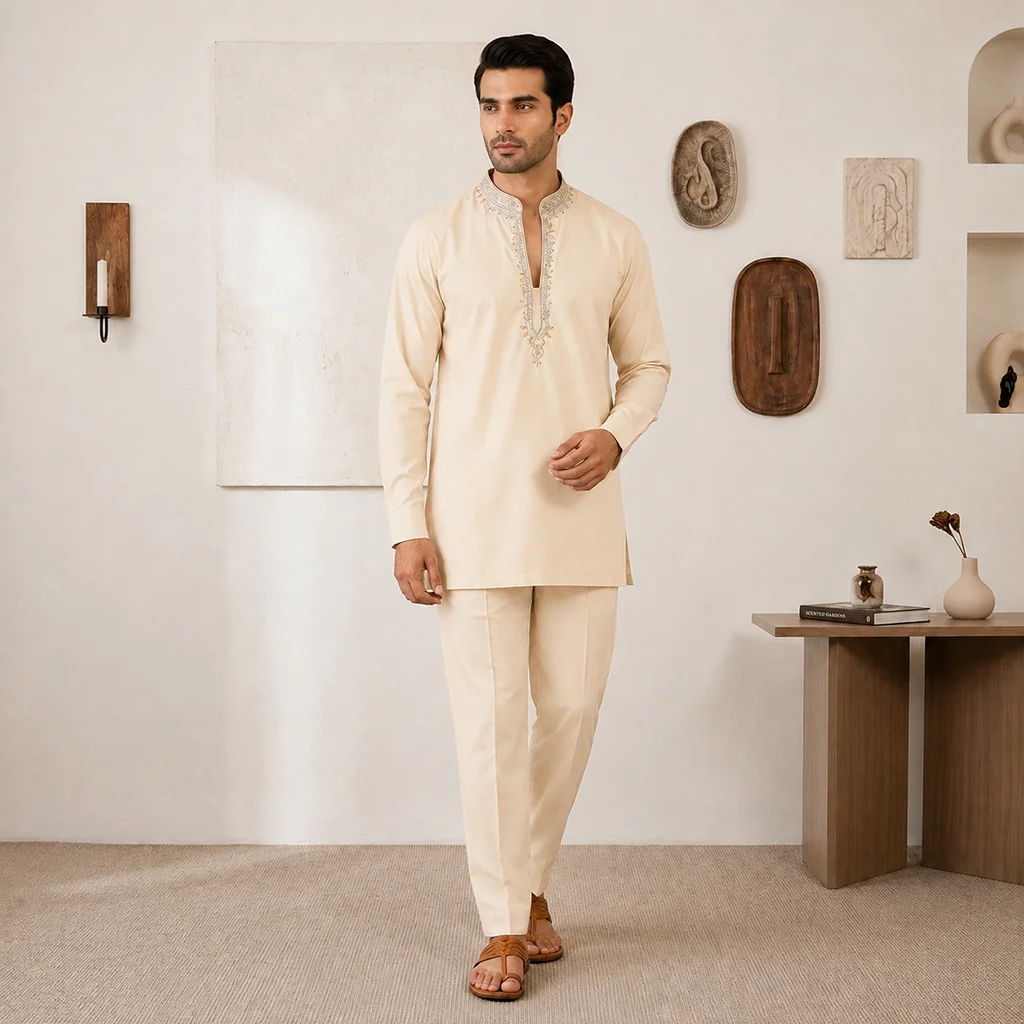 Ivory Zari Detailed Marriage Kurta for Men - Image 2