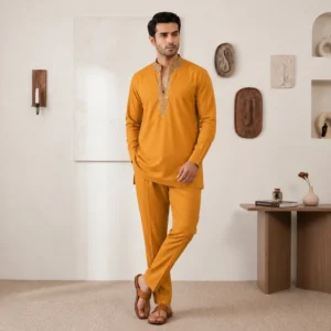 Marigold Zari detailed mens wedding wear kurta