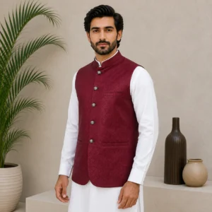 Maroon Jamawar Pakistani Men Wedding Waistcoat