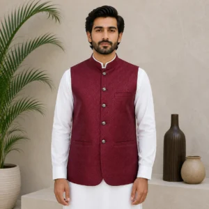 Maroon Jamawar Pakistani Men Wedding Waistcoat