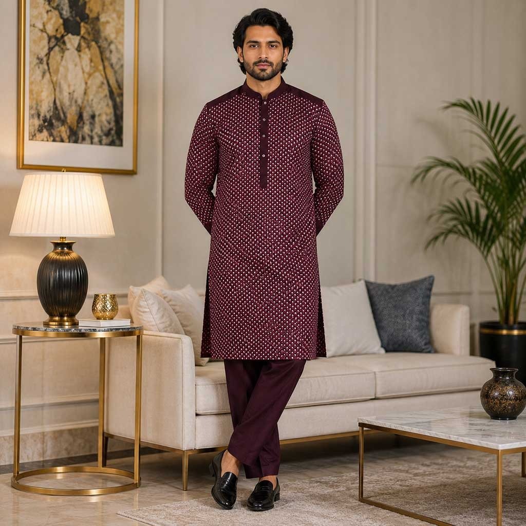 Maroon Raw Silk Kurta Salwar for Wedding - Image 2