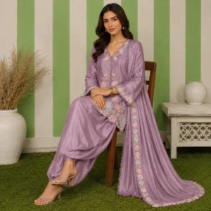 Mauve Embroidered Silk Pakistani Suits