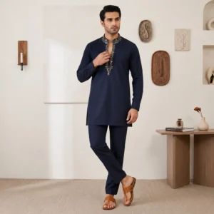 Midnight navy Zari detailed kurtas for men in wedding