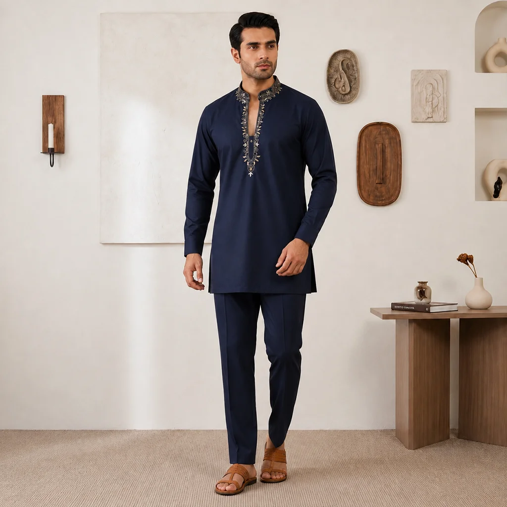 Midnight navy Zari detailed kurtas for men in wedding