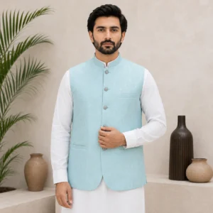 Mint Blue Jamawar Waistcoats For Wedding