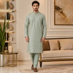 Mint Green Raw Silk Mens Kurta Wedding