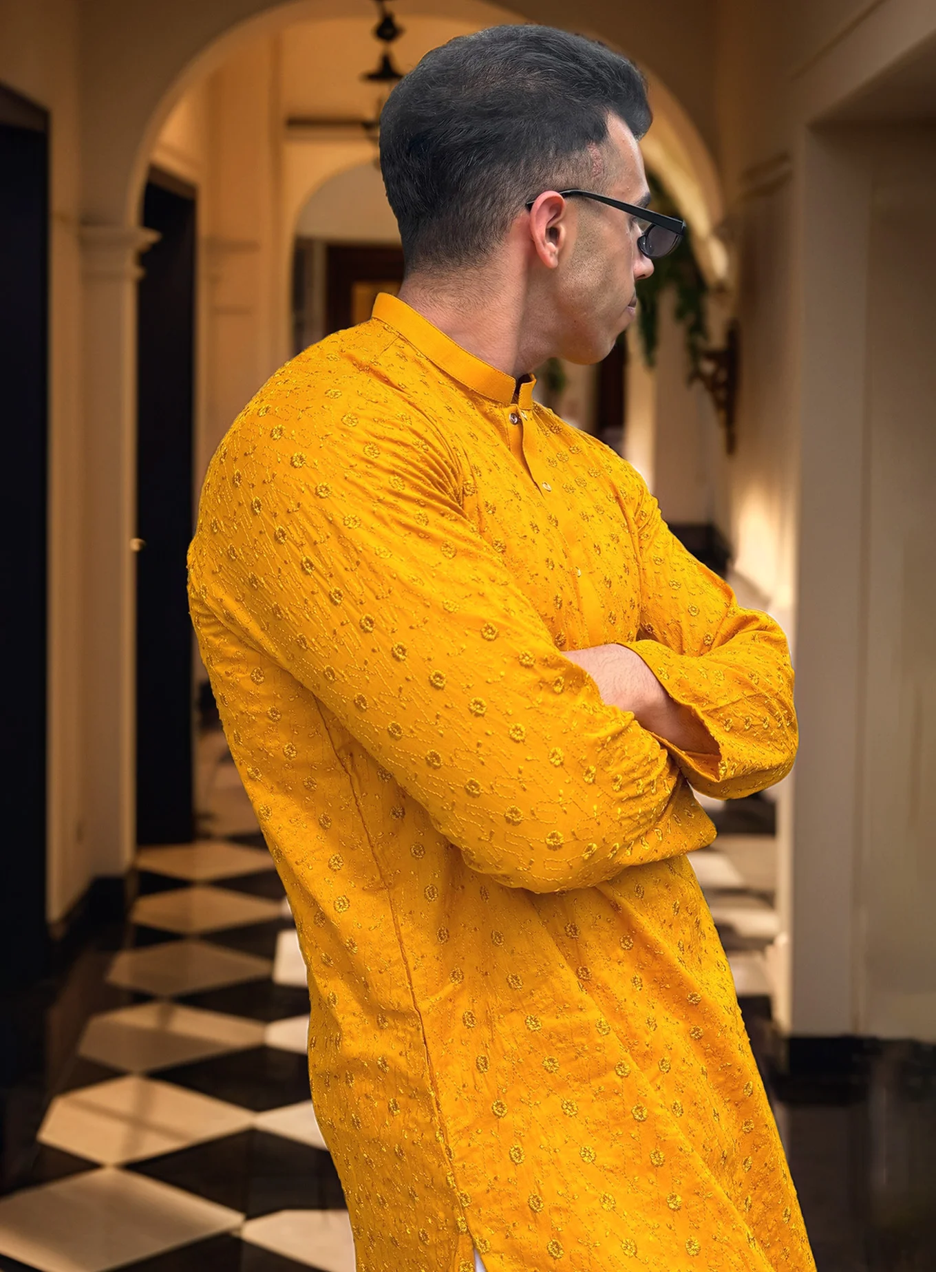 Mustard Chikankari Kurtas for Men in Wedding