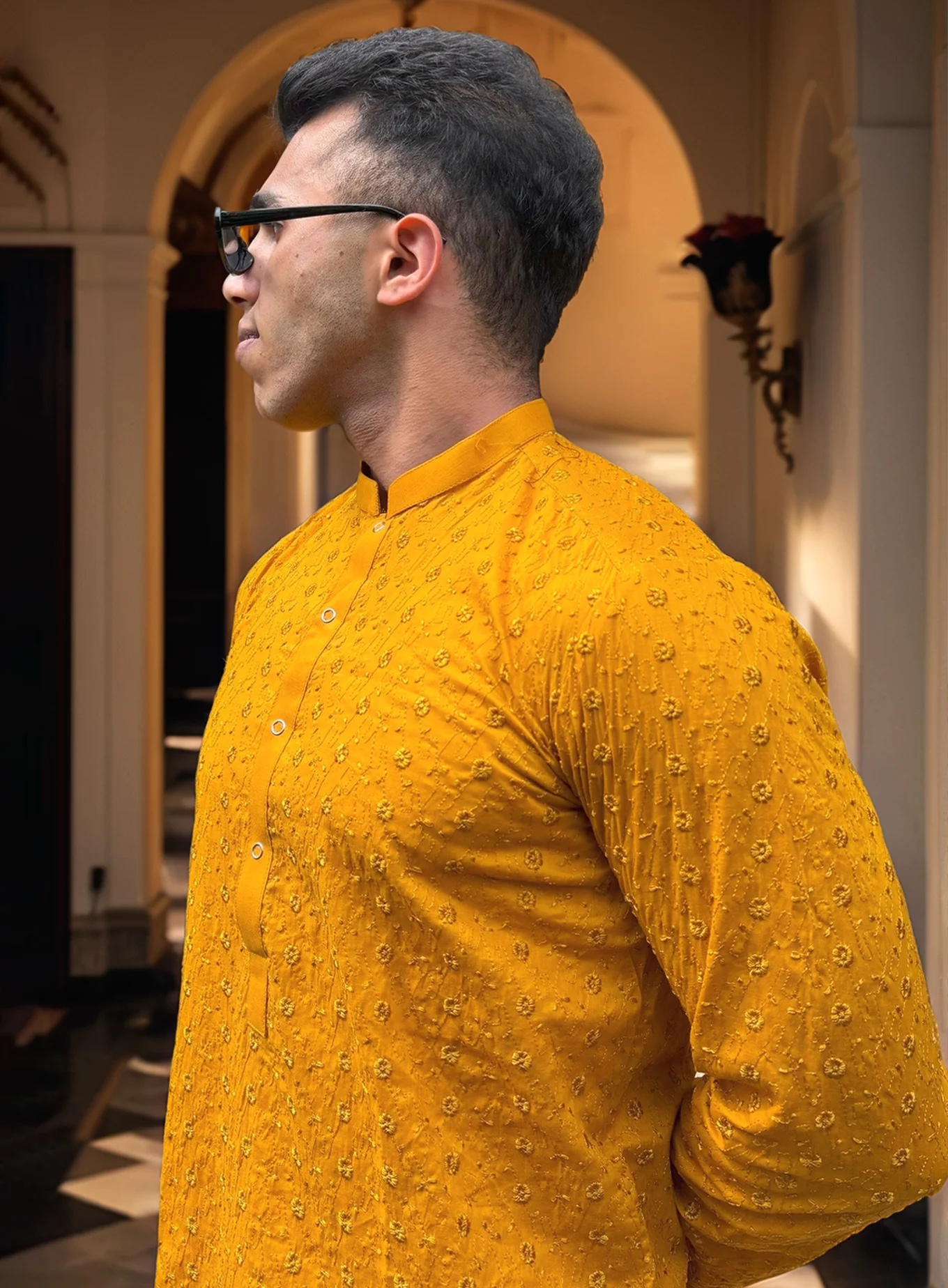 Mustard Chikankari Kurtas for Men in Wedding