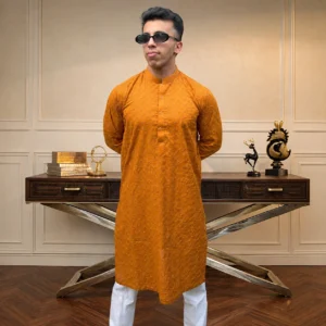 Mustard Orange chikankari mens kurta for wedding