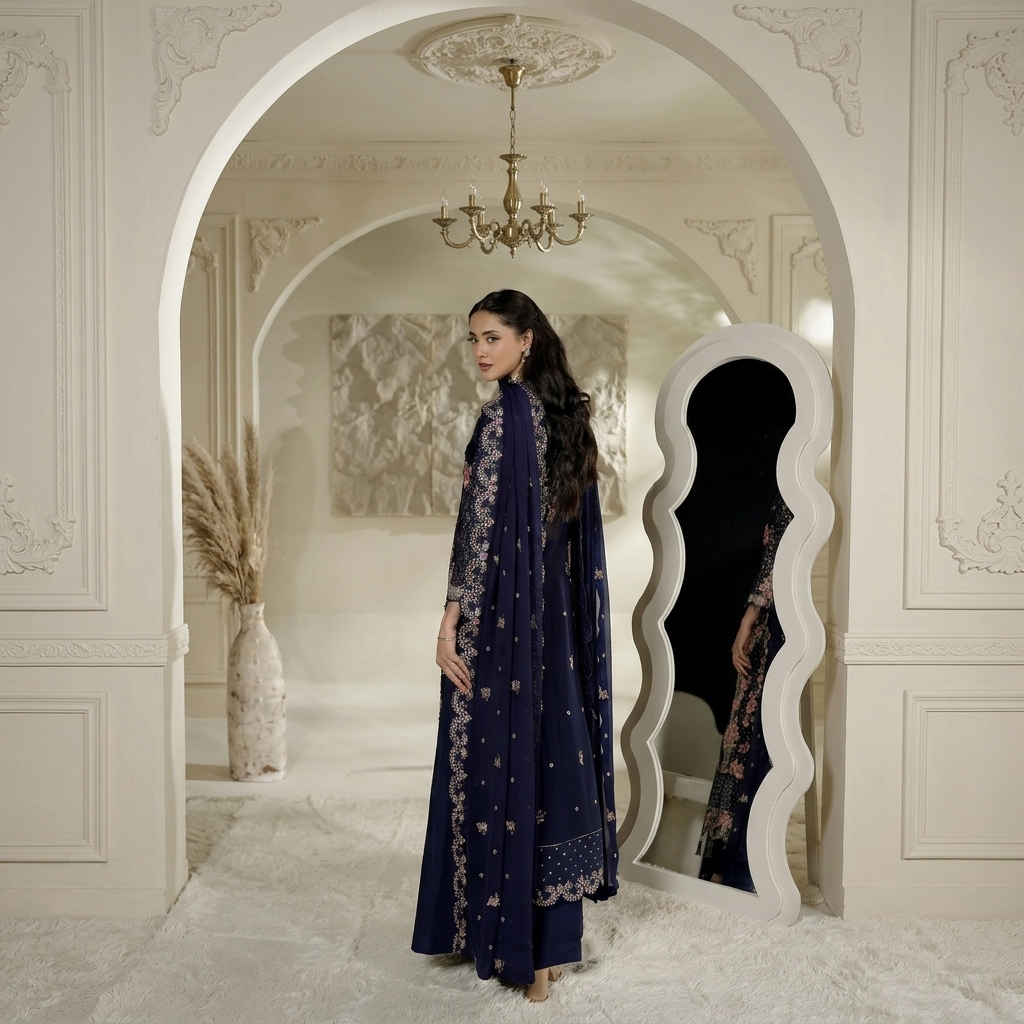 Navy Blue Chiffon Party Wear Pakistani Suits