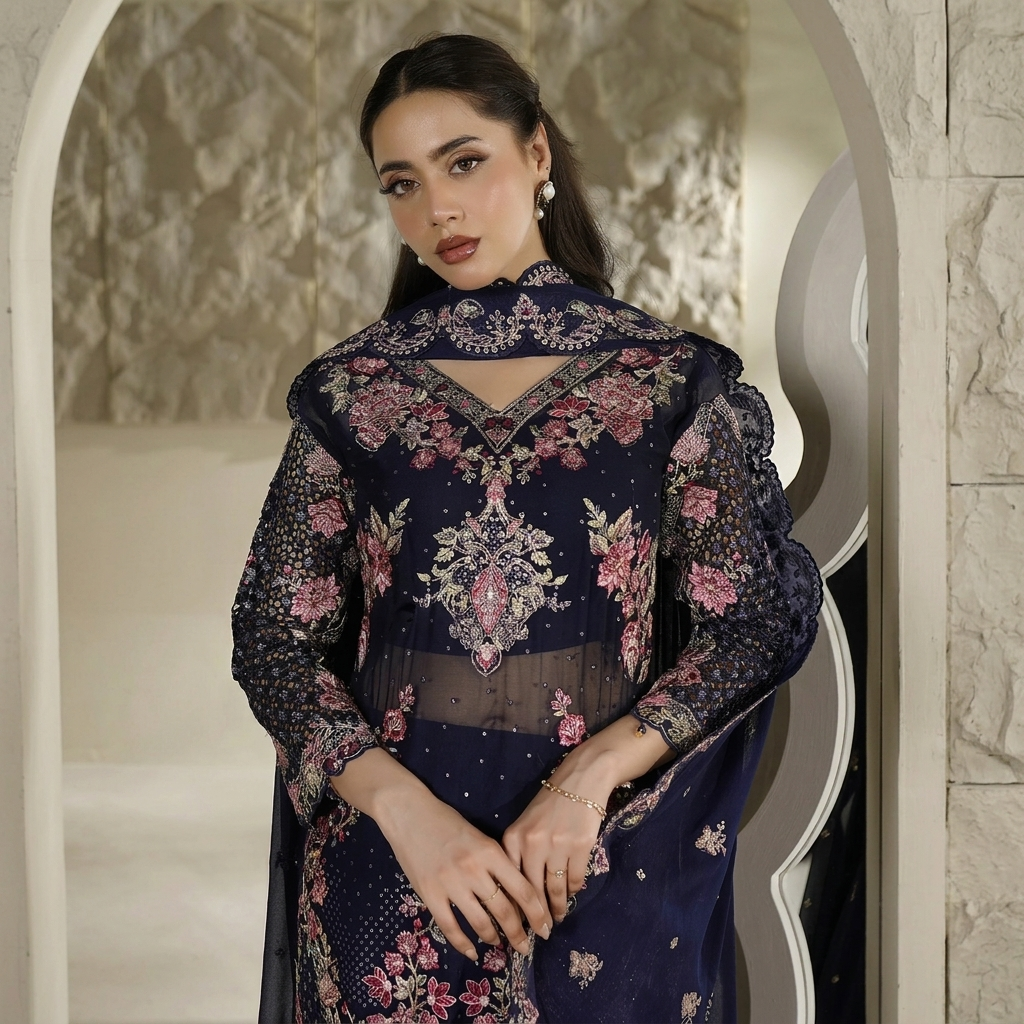 Navy Blue Chiffon Party Wear Pakistani Suits
