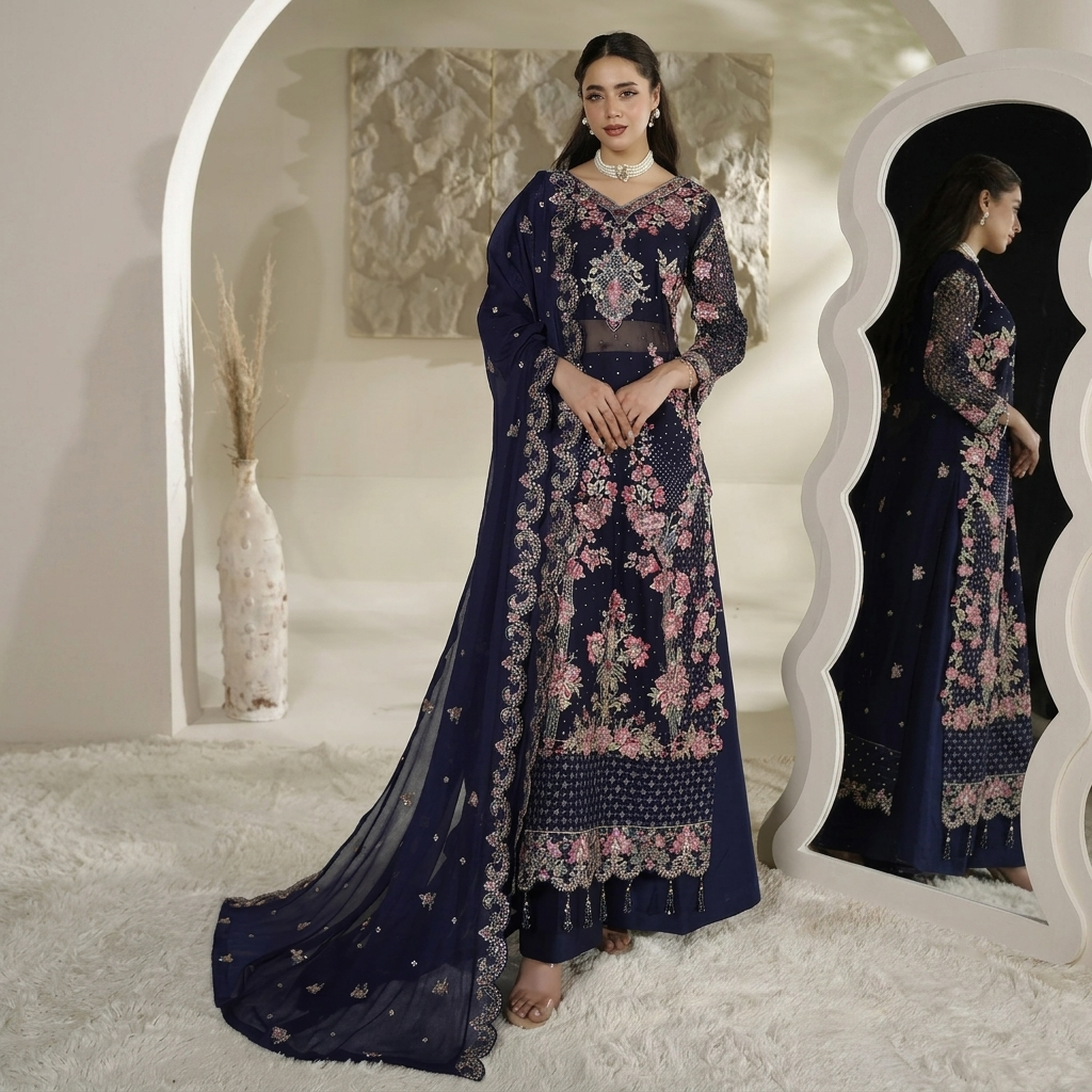 Navy Blue Chiffon Party Wear Pakistani Suits