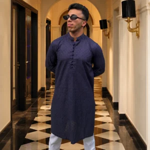 Navy blue chikankari wedding kurta for men