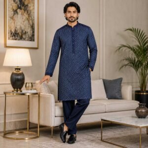 Navy blue raw silk marriage kurta for men