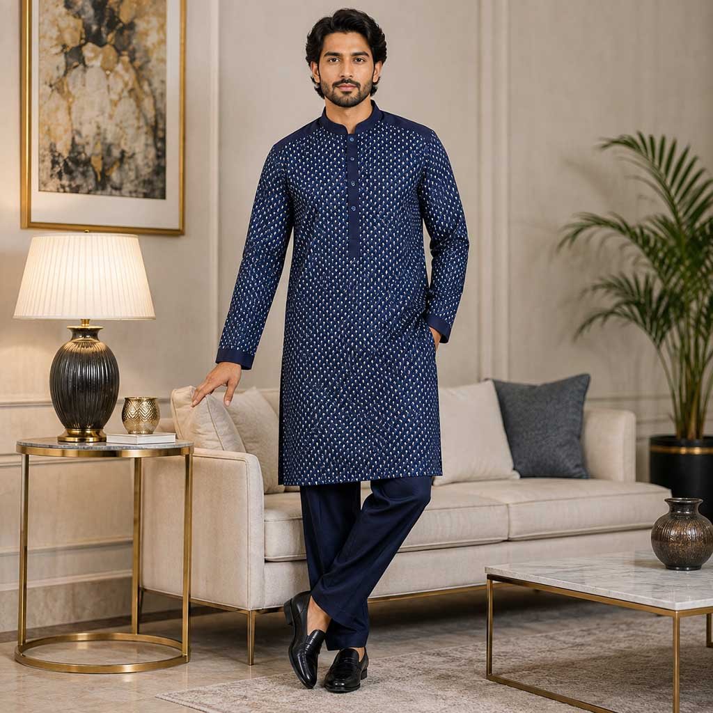 Navy blue raw silk marriage kurta for men