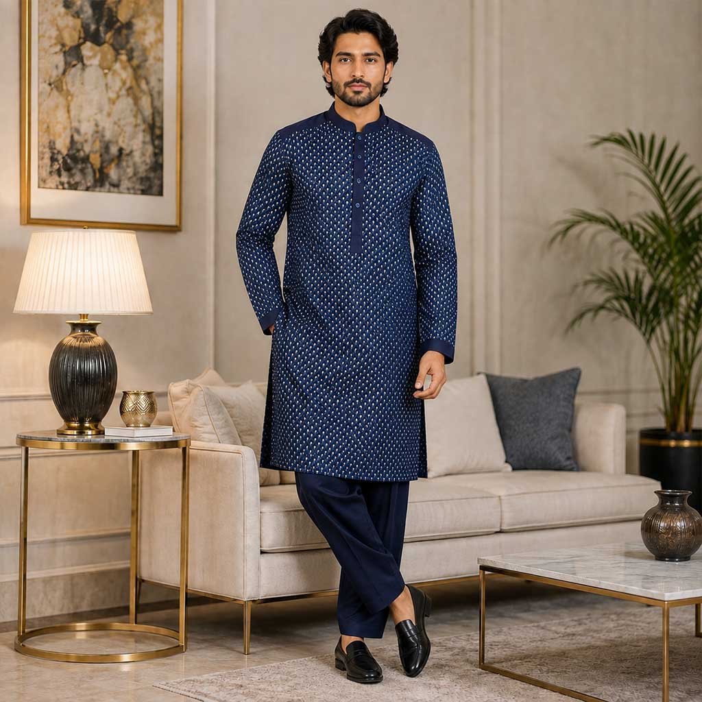 Navy blue raw silk marriage kurta for men