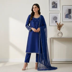 Nile Blue Hand-Embellished Silk Pakistani Suit