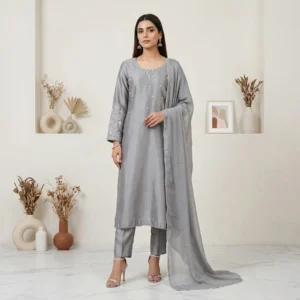 Nobel Grey Hand-Embellished Pakistani Silk Suit