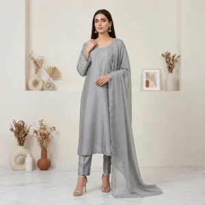 Nobel Grey Hand-Embellished Pakistani Silk Suit