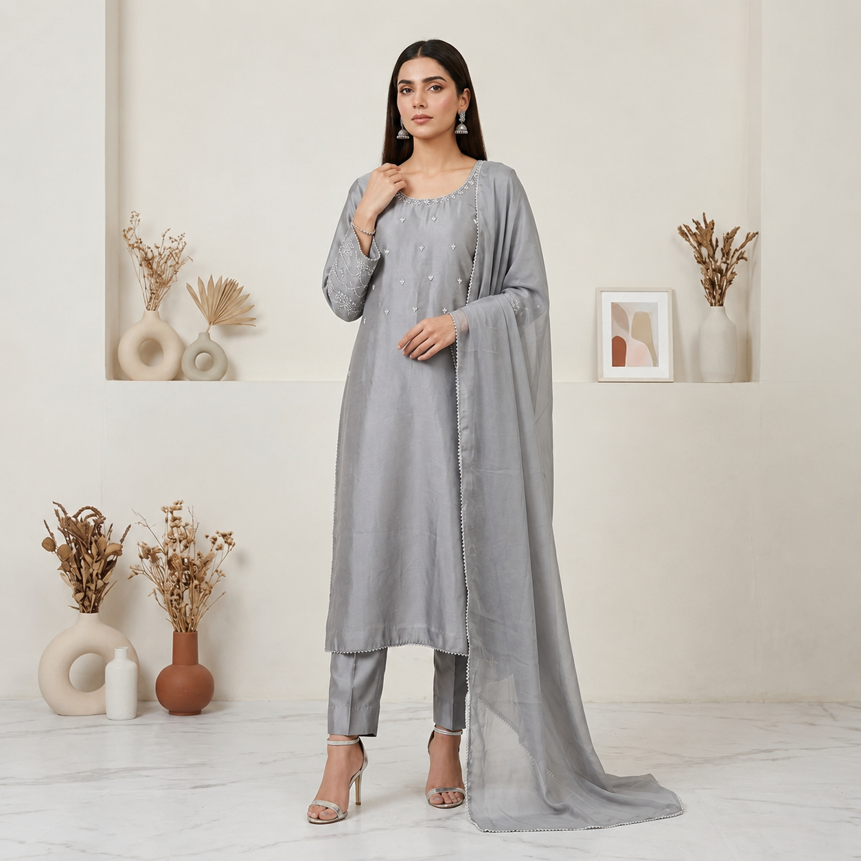 Nobel Grey Hand-Embellished Pakistani Silk Suit