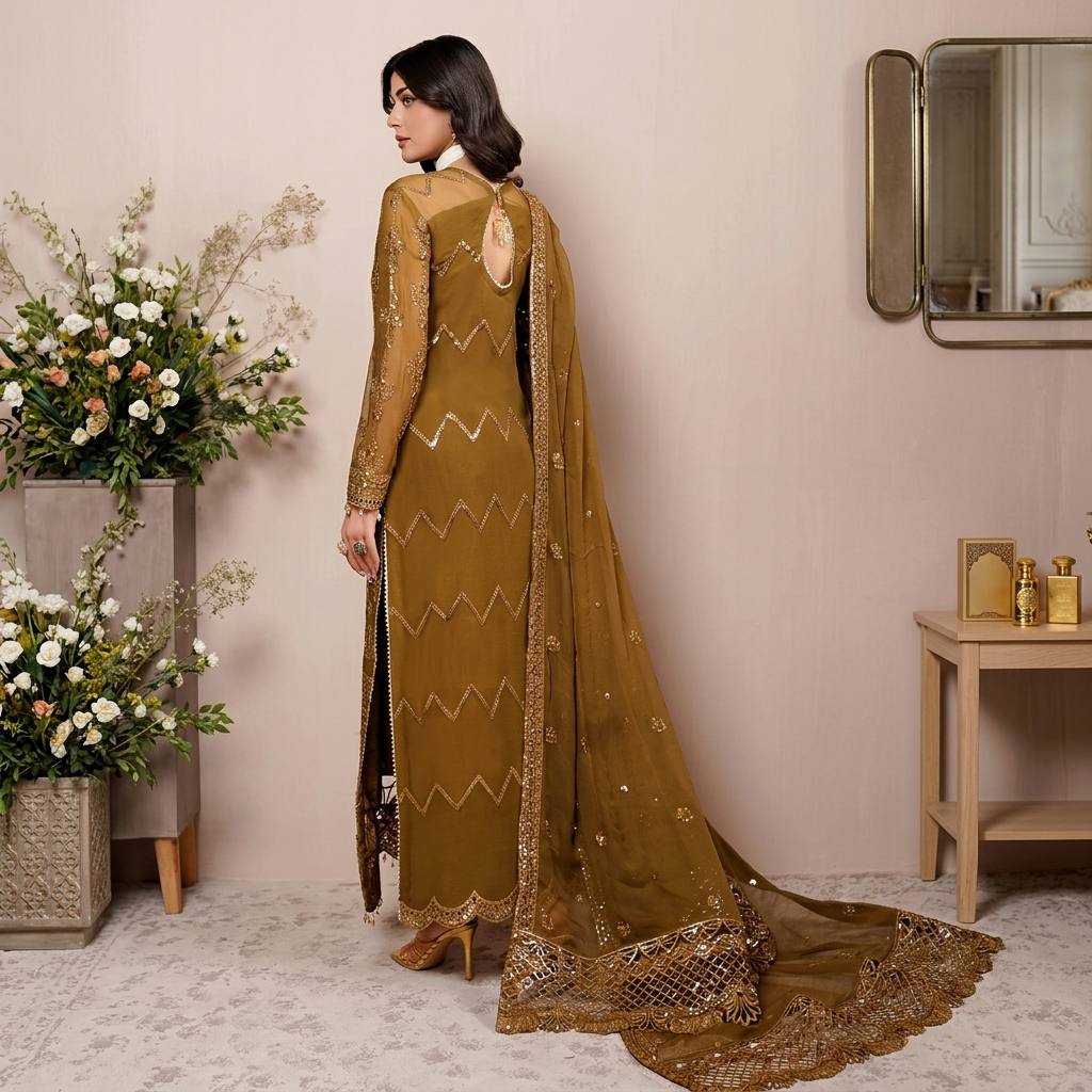 Oak Brown Chiffon Pakistani Party Wear Dresses