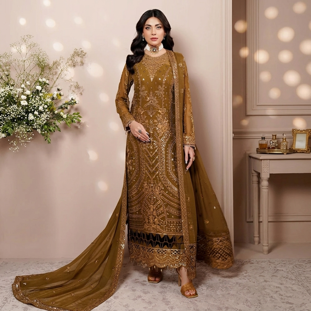 Oak Brown Chiffon Pakistani Party Wear Dresses