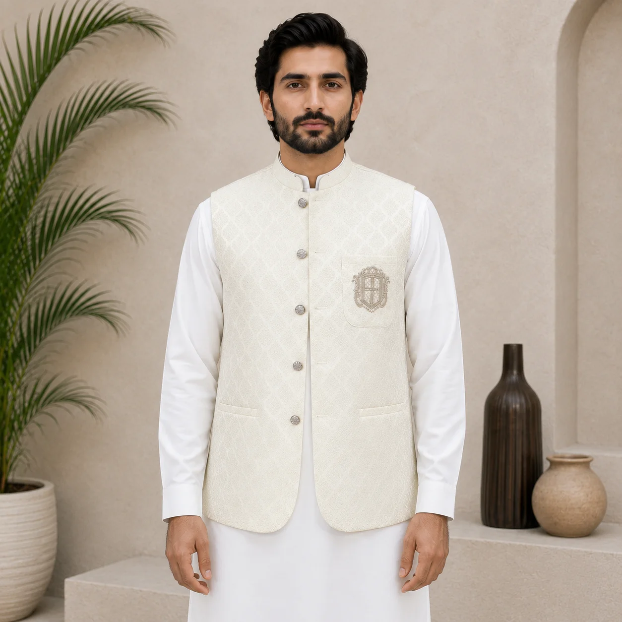 Off-White Jamawar Men Wedding Waistcoats