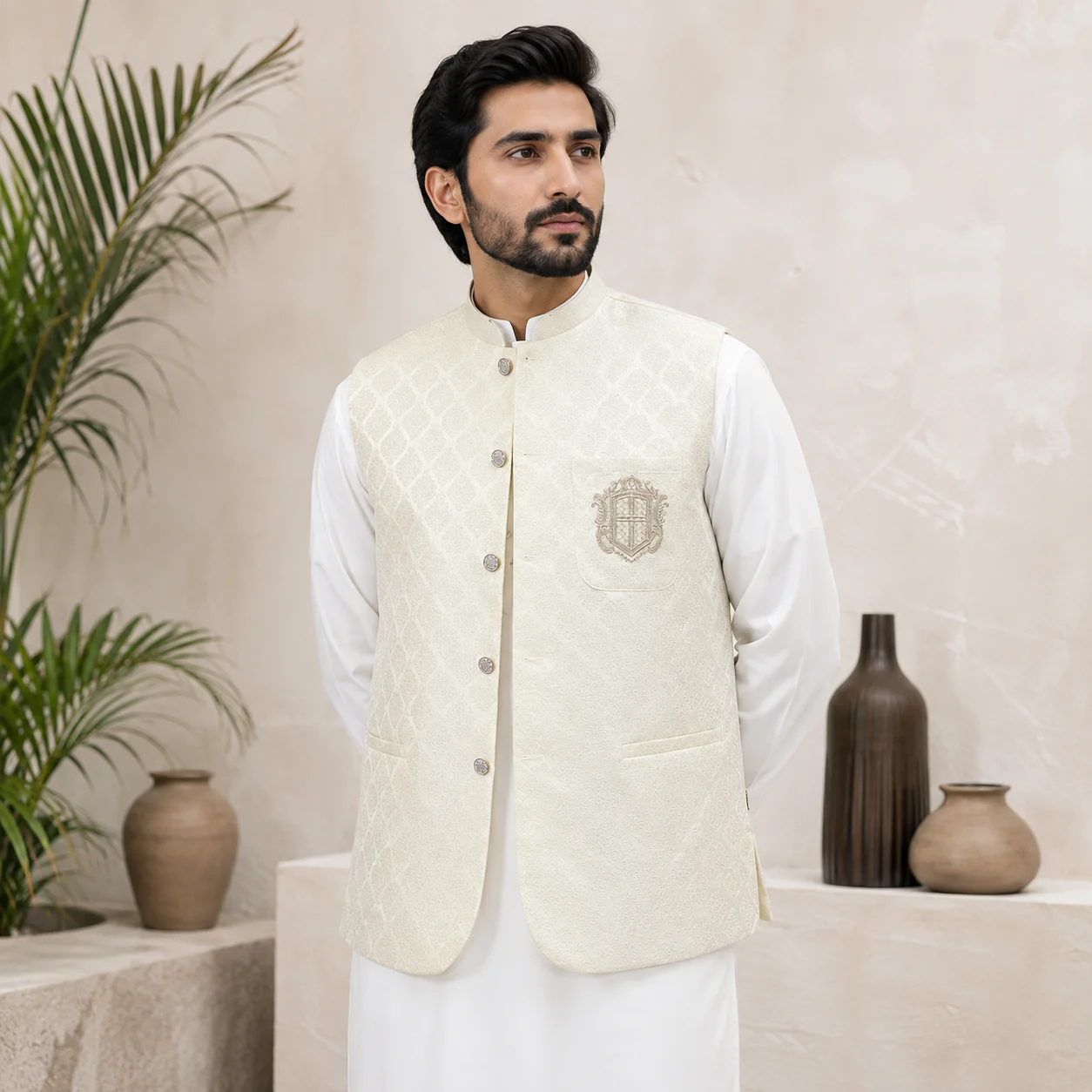Off-White Jamawar Men Wedding Waistcoats