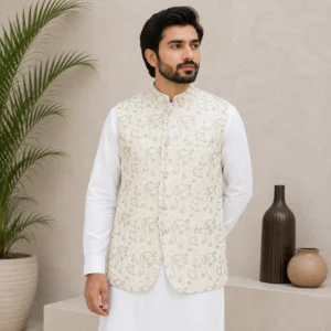 Off-White Jamawar Pakistani Men Wedding Waistcoats