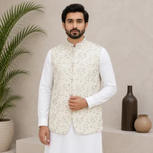 Off-White Jamawar Pakistani Men Wedding Waistcoats