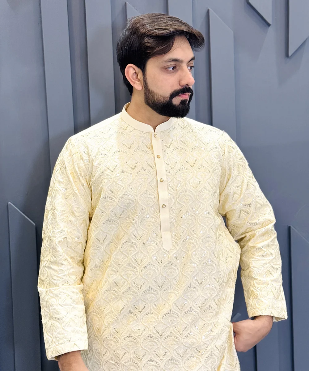 Off-White Raw Silk Kurta Salwar for Wedding - Image 2