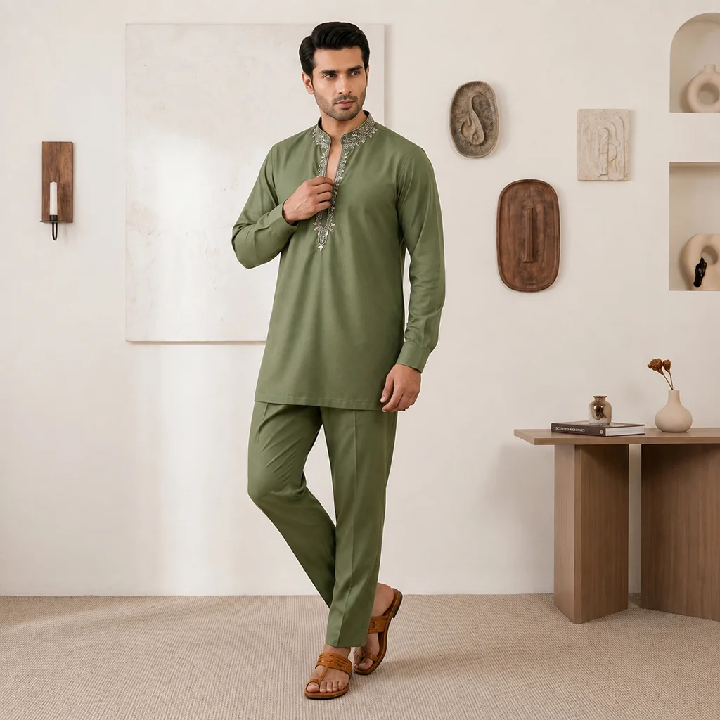 Parrot green Zari deatiled wedding kurta for men