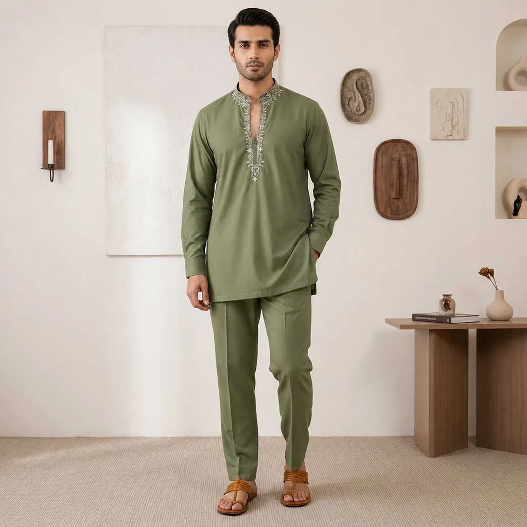 Parrot green Zari deatiled wedding kurta for men