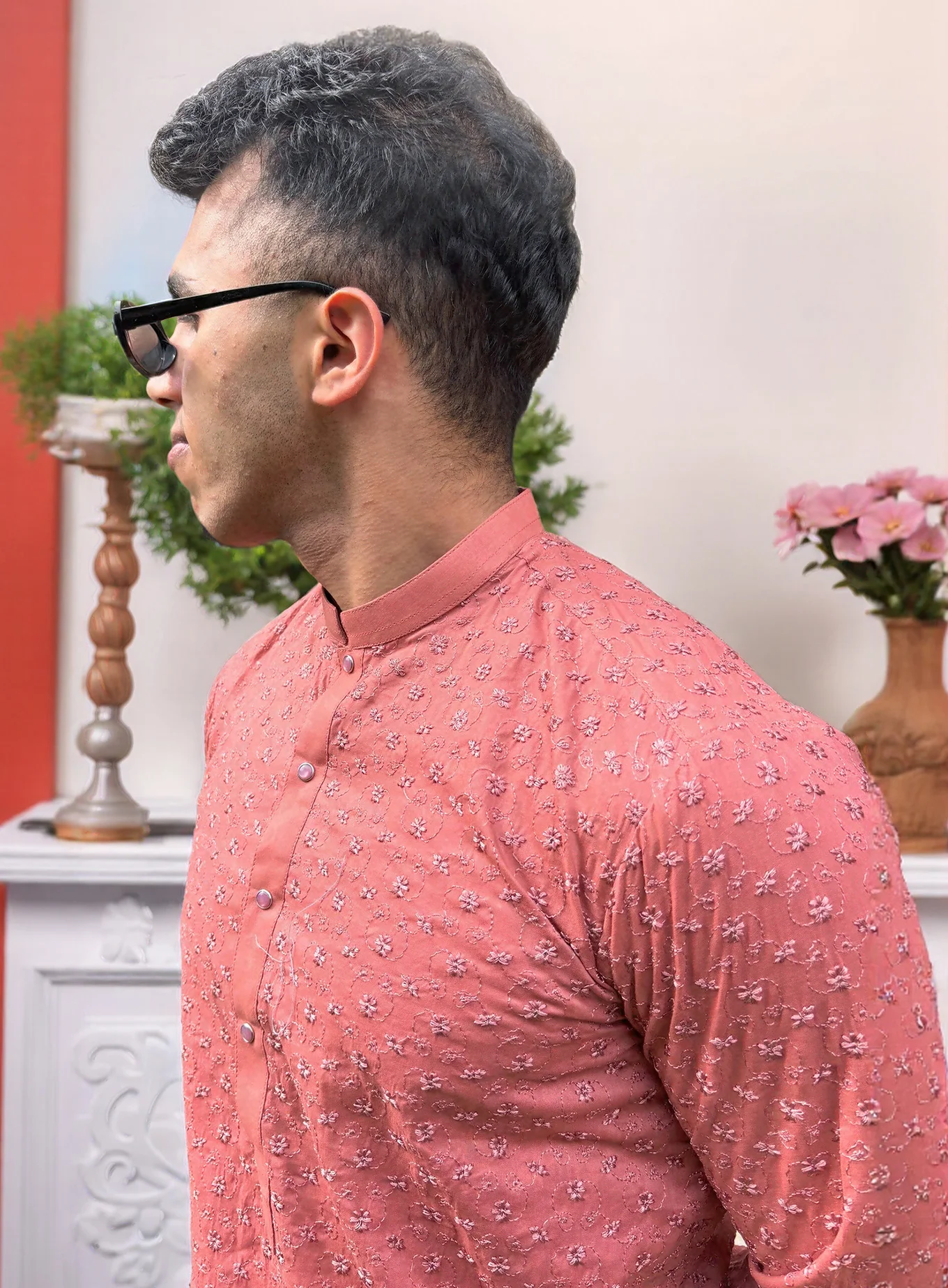 Pink chikankari marriage kurta for men