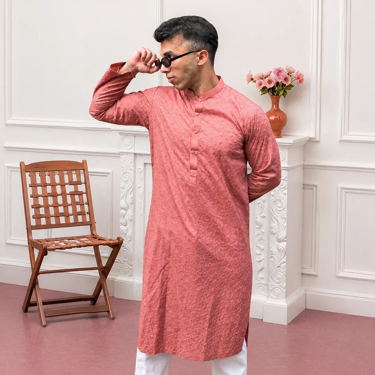 Pink chikankari marriage kurta for men