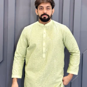 Pista Green Raw Silk mens kurta for wedding