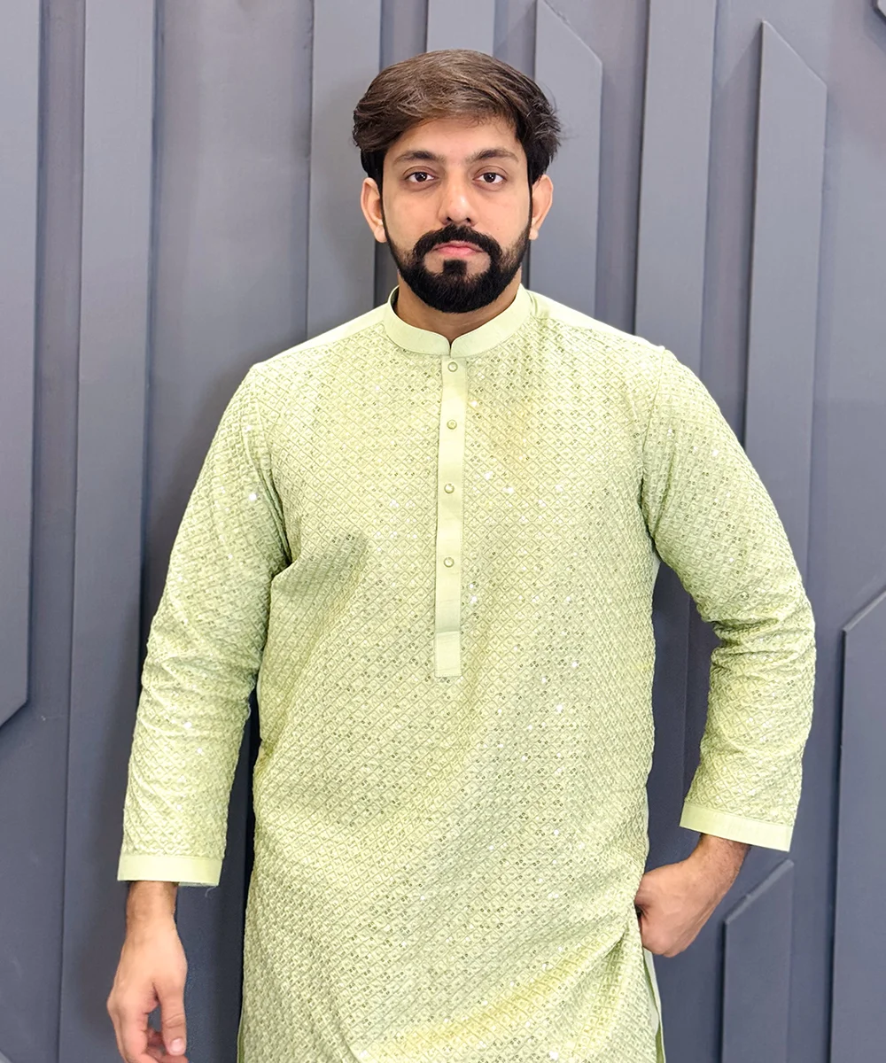 Pista Green Raw Silk mens kurta for wedding