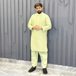 Pista Green Raw Silk mens kurta for wedding