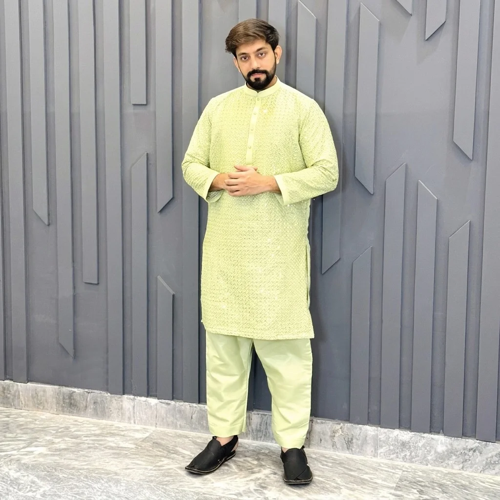 Pista Green Raw Silk mens kurta for wedding