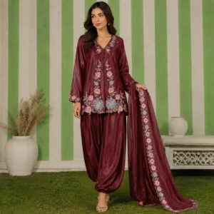 Plum Embroidered Silk Pakistani Suits