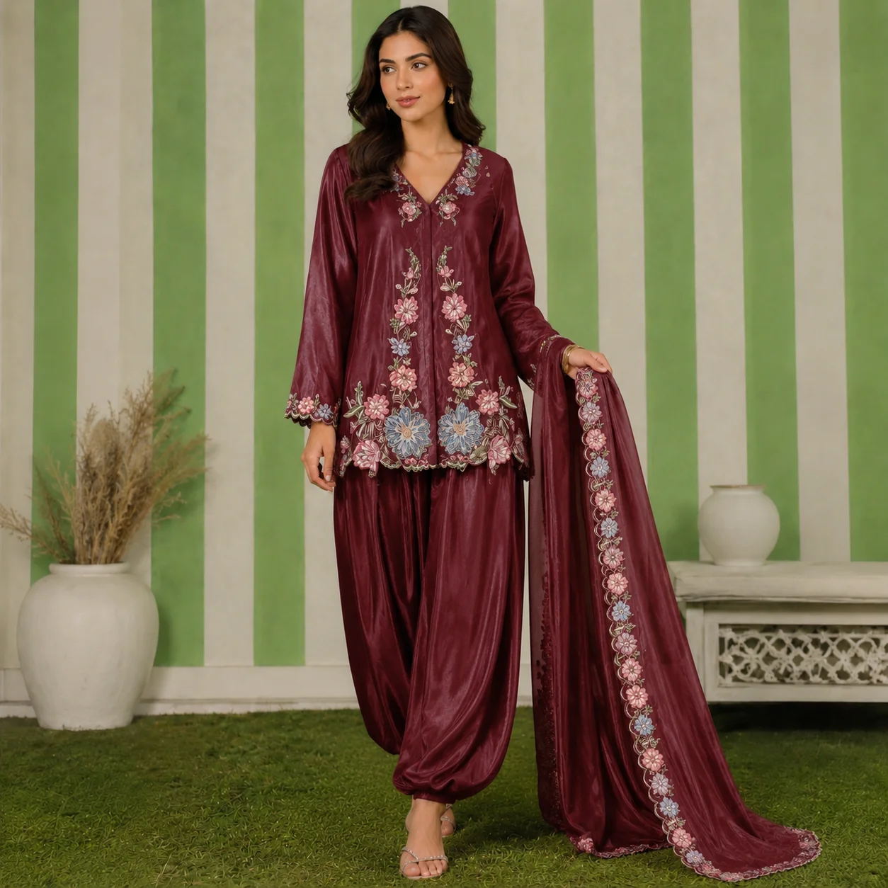Plum Embroidered Silk Pakistani Suits
