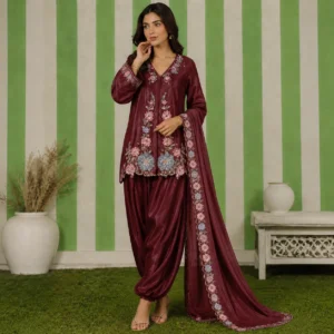 Plum Embroidered Silk Pakistani Suits